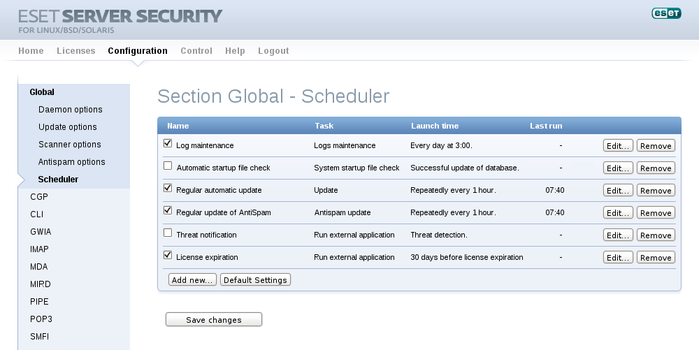 Configuración - Sección global - Programador de tareas