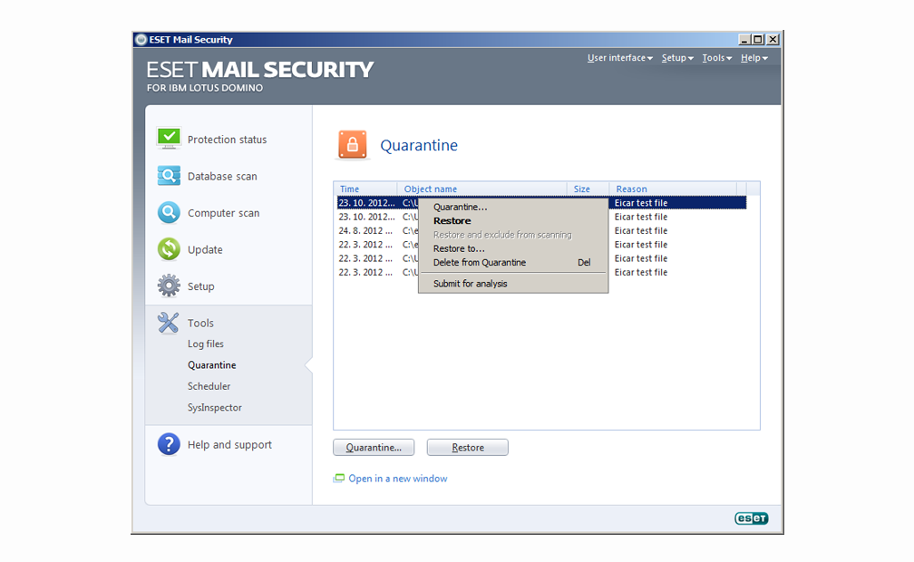 ESET Mail Security para IBM Lotus Domino - Herramientas - Cuarentena