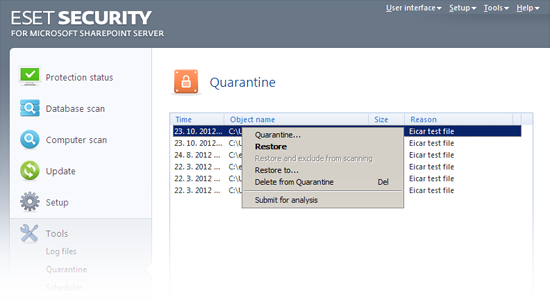 ESET Security para Microsoft SharePoint: Cuarentena